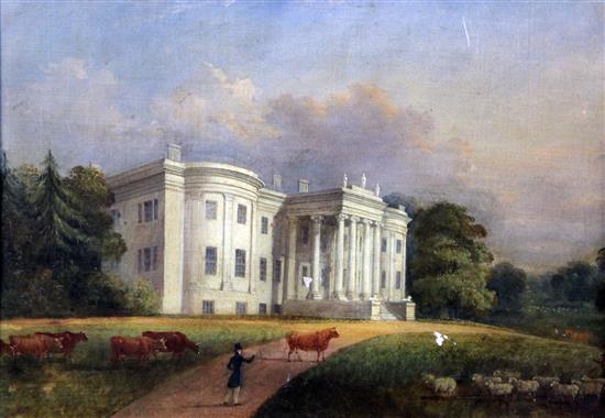 Early 19th century English School Portrait of a country house with livestock in the foreground 15.5 x 20.5in.